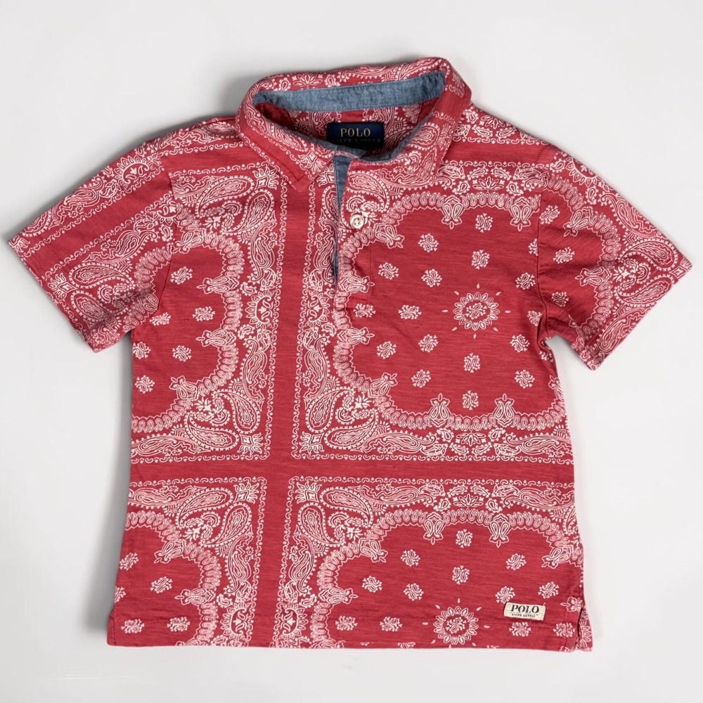 Polo Ralph Lauren Boys Red Bandana Paisley Polo Shirt Size 5 Short Sleeve Cotton